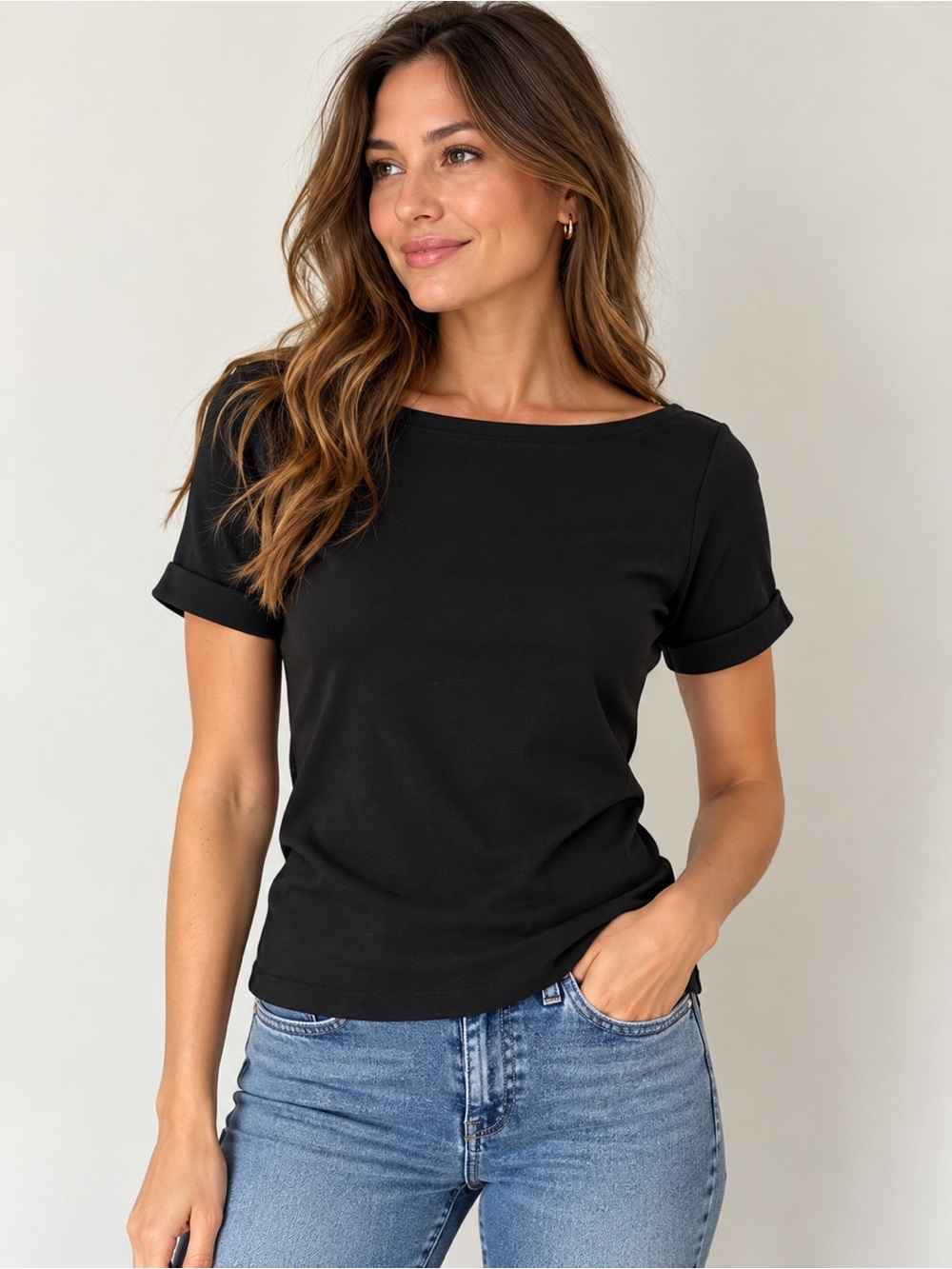 Lauren Ralph Lauren Y2K Black Boat Neck Cuffed Sleeve Top Petite Large PL